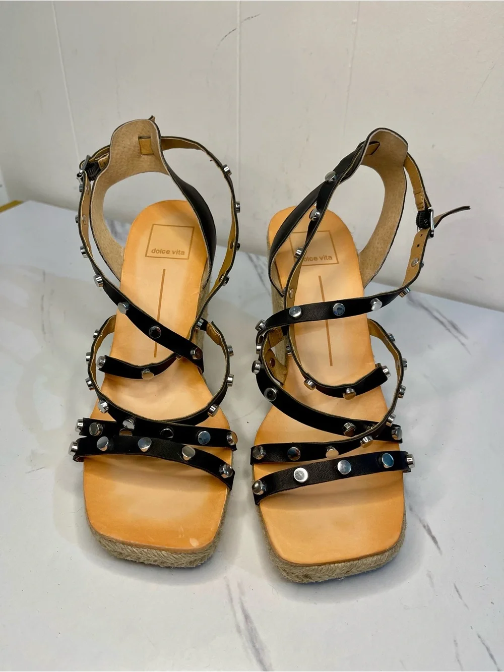 Dolce Vita Black Studded Straps Espadrille Wedge Sandal Size 8